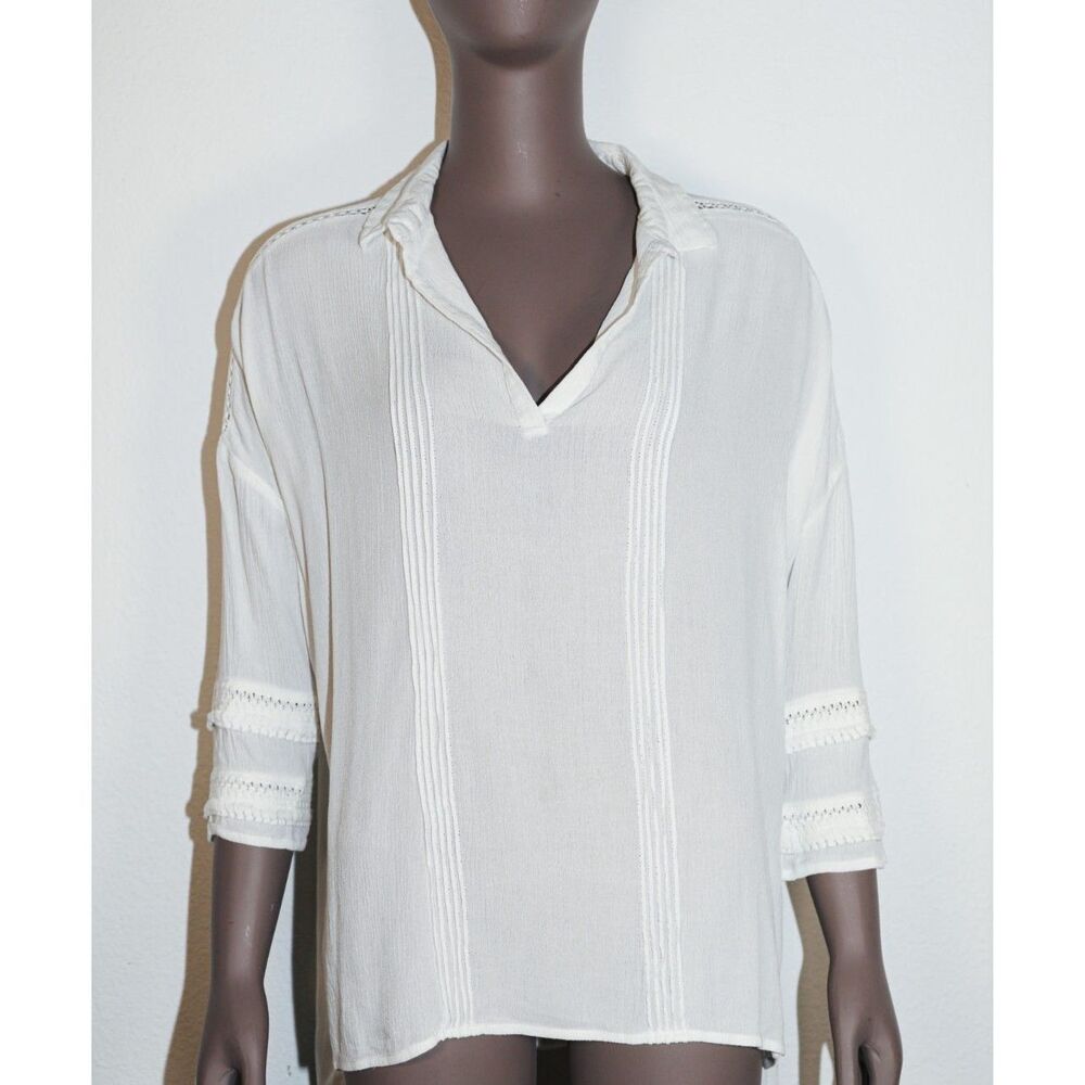 White Crow 3/4 Sleeve Pleated Boho Blouse Crochet V Neck Top
